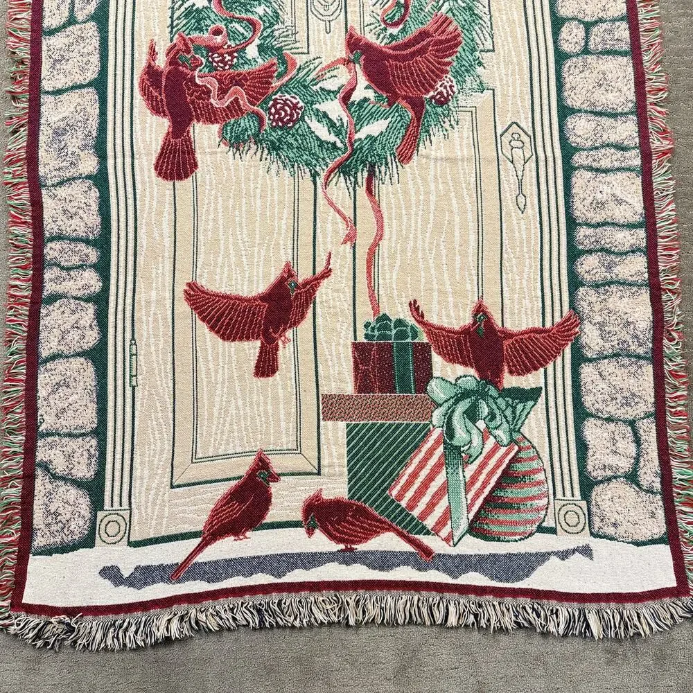 Vintage MWW 1993 Christmas Woven Tapestry Throw Blanket Wreath Cardinals 48 x 66